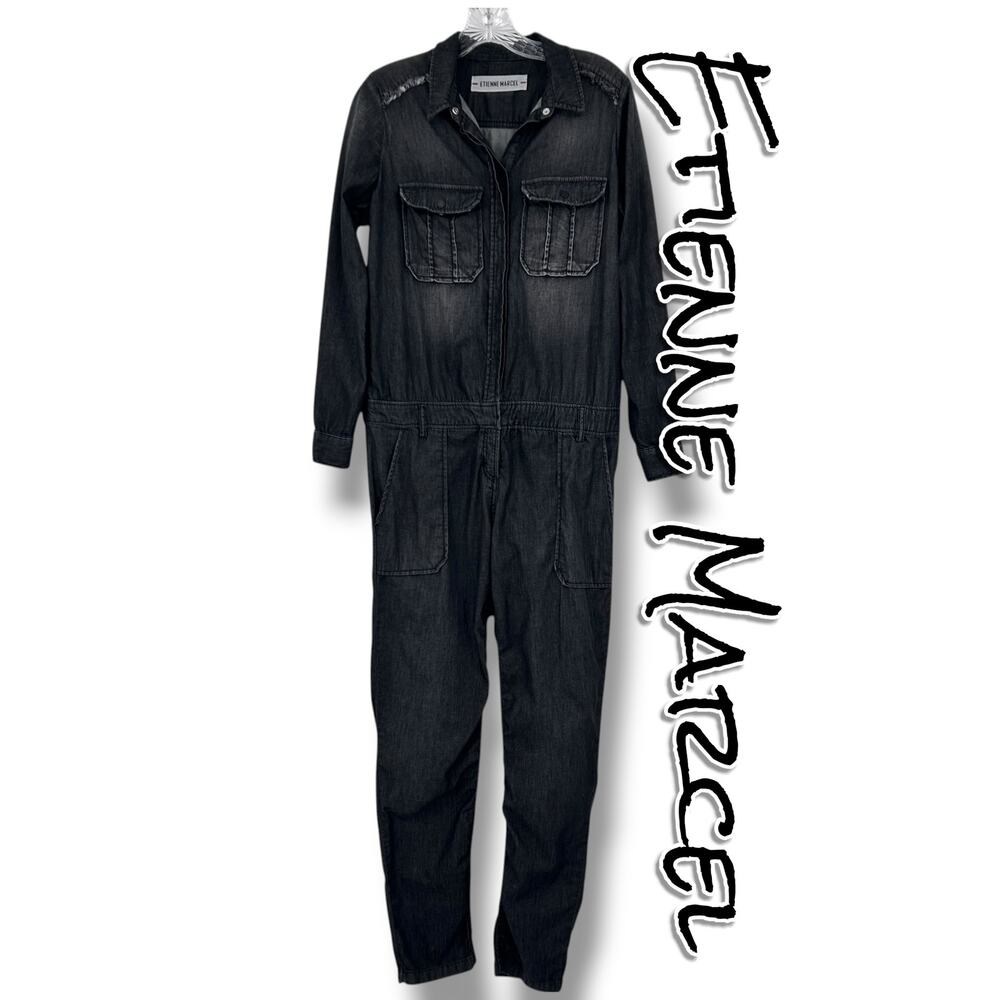 Etienne Marcel Stonewashed Black Denim Utility Jumpsuit Small Distressed Chore